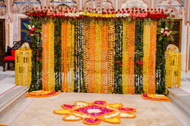 The beautiful colorful marigolds in ceremonial Brahmin garlands